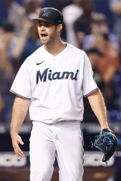 Anthony Bender of the Miami Marlins reacts after the final out after defeating the Los Angeles Dodgers 5-4 at loanDepot park on July 05, 2021 in...