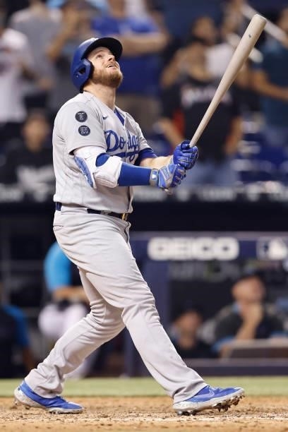 Max Muncy of the Los Angeles Dodgers at bat against the Miami Marlins during the ninth inning at loanDepot park on July 05, 2021 in Miami, Florida.