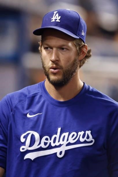 Clayton Kershaw of the Los Angeles Dodgers looks on against the Miami Marlins at loanDepot park on July 05, 2021 in Miami, Florida.