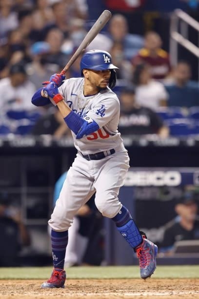Mookie Betts of the Los Angeles Dodgers at bat against the Miami Marlins at loanDepot park on July 05, 2021 in Miami, Florida.