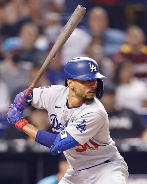 Mookie Betts of the Los Angeles Dodgers at bat against the Miami Marlins at loanDepot park on July 05, 2021 in Miami, Florida.