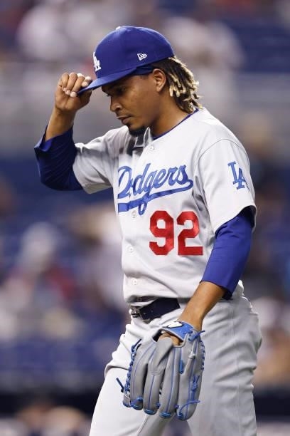 Edwin Uceta of the Los Angeles Dodgers reacts during the seventh inning against the Miami Marlins at loanDepot park on July 05, 2021 in Miami,...