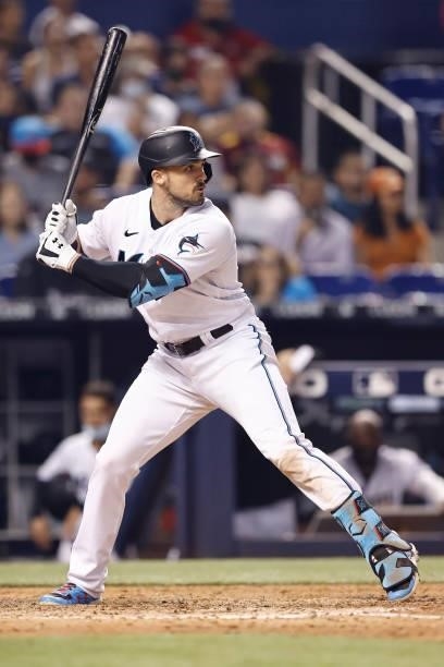 Adam Duvall of the Miami Marlins at bat against the Los Angeles Dodgers at loanDepot park on July 05, 2021 in Miami, Florida.