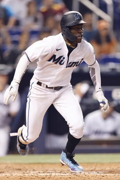 Jazz Chisholm Jr. #2 of the Miami Marlins in action against the Los Angeles Dodgers at loanDepot park on July 05, 2021 in Miami, Florida.