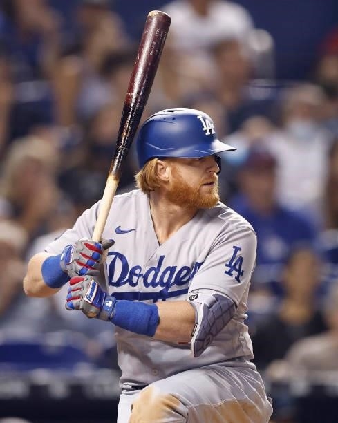 Justin Turner of the Los Angeles Dodgers at bat against the Miami Marlins at loanDepot park on July 05, 2021 in Miami, Florida.