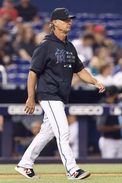 Don Mattingly of the Miami Marlins looks on against the Los Angeles Dodgers at loanDepot park on July 05, 2021 in Miami, Florida.