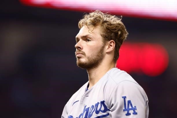 Gavin Lux of the Los Angeles Dodgers reacts against the Miami Marlins at loanDepot park on July 05, 2021 in Miami, Florida.