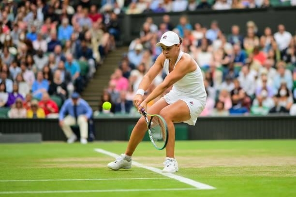 Ashleigh Barty of Australia hits a backhand against Ajla Tomljanovic of Australia in the quarter finals of the ladies singles during Day Eight of The...