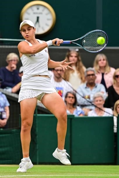 Ashleigh Barty of Australia hits a forehand against Ajla Tomljanovic of Australia in the quarter finals of the ladies singles during Day Eight of The...