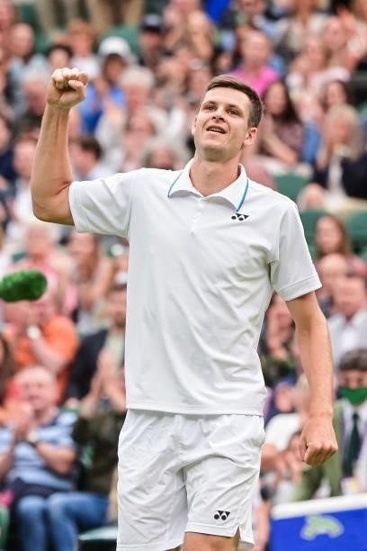 Hubert Hurkacz of Poland celebrates his victory over Daniil Medvedev of Russia in the fourth round of the gentlemen's singles during Day Eight of The...