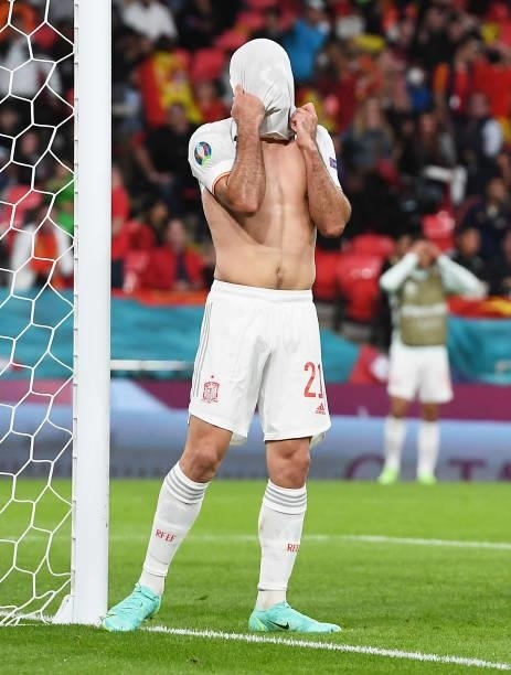 Mikel Oyarzabal of Spain reacts after missing a chance during the UEFA Euro 2020 Championship Semi-final match between Italy and Spain at Wembley...