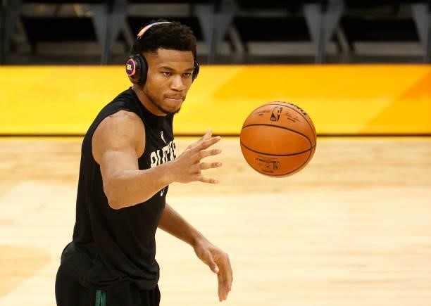 Giannis Antetokounmpo of the Milwaukee Bucks warms up before Game One of the NBA Finals against the Phoenix Suns at Phoenix Suns Arena on July 06,...