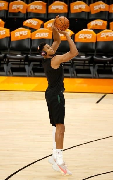 Giannis Antetokounmpo of the Milwaukee Bucks warms up before Game One of the NBA Finals against the Phoenix Suns at Phoenix Suns Arena on July 06,...