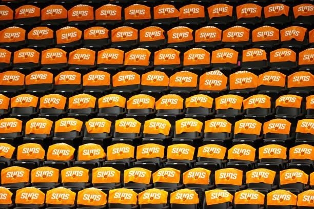 General view of Phoenix Suns towels on seats before Game One of the NBA Finals against the Milwaukee Bucks at Phoenix Suns Arena on July 06, 2021 in...