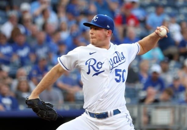Starting pitcher Kris Bubic of the Kansas City Royals pitches during the 1st inning of the game against the Cincinnati Reds at Kauffman Stadium on...