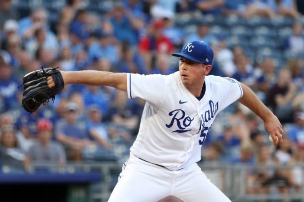 Starting pitcher Kris Bubic of the Kansas City Royals pitches during the 1st inning of the game against the Cincinnati Reds at Kauffman Stadium on...