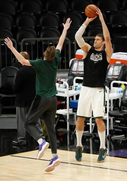 Brook Lopez of the Milwaukee Bucks warms up before Game One of the NBA Finals against the Phoenix Suns at Phoenix Suns Arena on July 06, 2021 in...