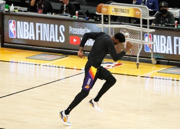 Deandre Ayton of the Phoenix Suns warms up before Game One of the NBA Finals against the Milwaukee Bucks at Phoenix Suns Arena on July 06, 2021 in...