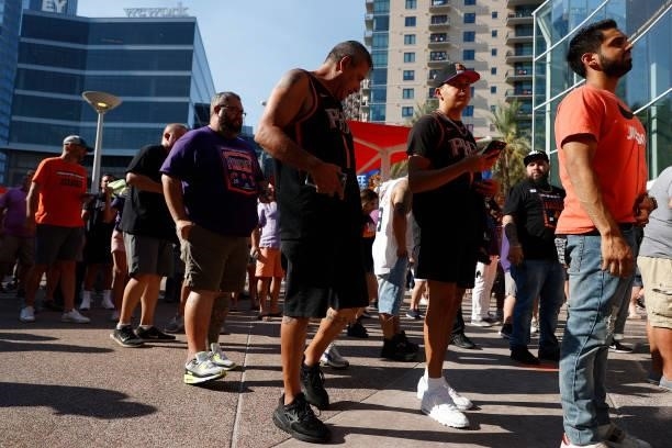 Phoenix Suns fans line up to get in before Game One of the NBA Finals between the Milwaukee Bucks and the Phoenix Suns at Phoenix Suns Arena on July...
