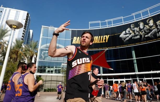 Phoenix Suns fan outside the arena before Game One of the NBA Finals between the Milwaukee Bucks and the Phoenix Suns at Phoenix Suns Arena on July...