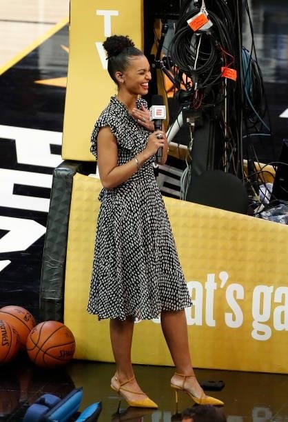 Reporter Malika Andrews from ESPN laughs before Game One of the NBA Finals between the Milwaukee Bucks and the Phoenix Suns at Phoenix Suns Arena on...
