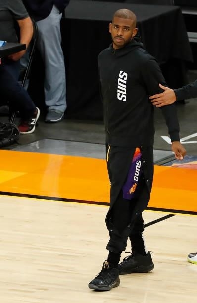 Chris Paul of the Phoenix Suns looks on before Game One of the NBA Finals against the Milwaukee Bucks at Phoenix Suns Arena on July 06, 2021 in...