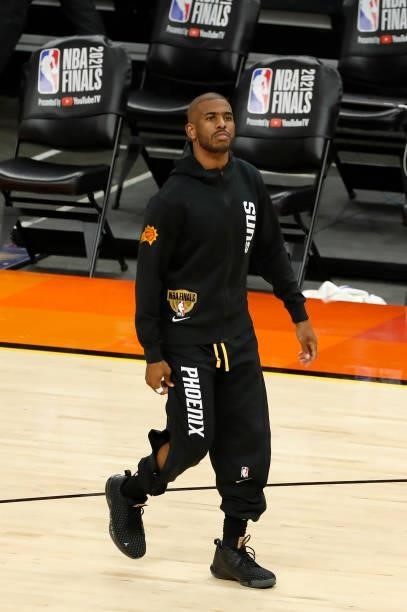 Chris Paul of the Phoenix Suns warms up before Game One of the NBA Finals against the Milwaukee Bucks at Phoenix Suns Arena on July 06, 2021 in...