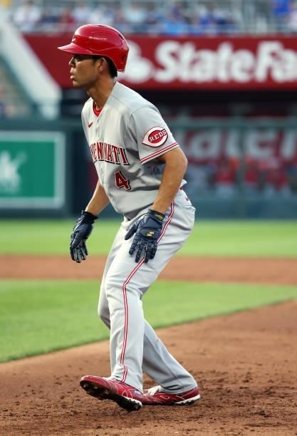 Shogo Akiyama of the Cincinnati Reds leads off first base during the 3rd inning of the game at Kauffman Stadium on July 06, 2021 in Kansas City,...