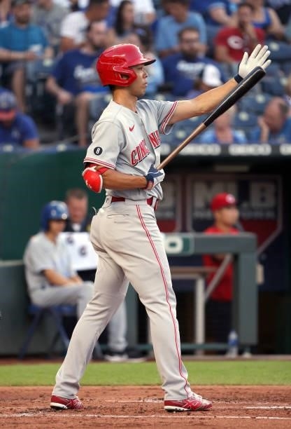 Shogo Akiyama of the Cincinnati Reds bats during the 3rd inning of the game at Kauffman Stadium on July 06, 2021 in Kansas City, Missouri.