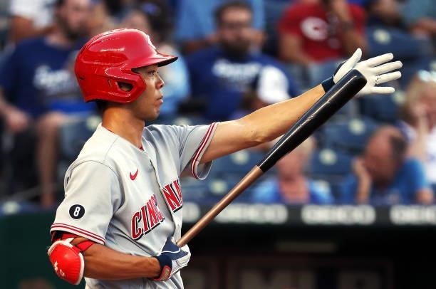 Shogo Akiyama of the Cincinnati Reds bats during the 3rd inning of the game at Kauffman Stadium on July 06, 2021 in Kansas City, Missouri.