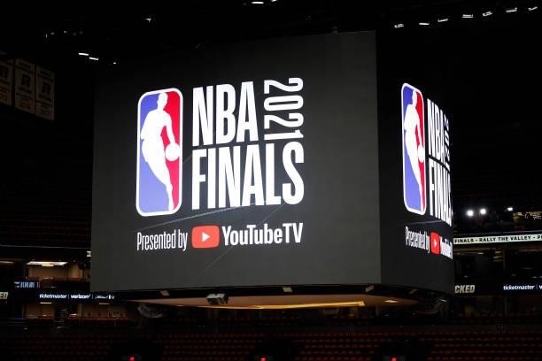 Signage is shown in Game One of the NBA Finals between the Milwaukee Bucks and the Phoenix Suns at Phoenix Suns Arena on July 06, 2021 in Phoenix,...