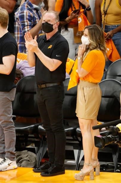 Owner Robert Sarver of the Phoenix Suns and his wife Penny Sanders look on before Game One of the NBA Finals against the Milwaukee Bucks at Phoenix...