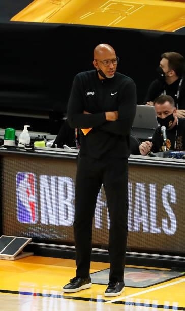 Head coach Monty Williams of the Phoenix Suns looks on against the Milwaukee Bucks during the first quarter in Game One of the NBA Finals at Phoenix...