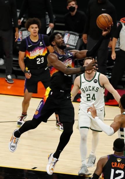 Deandre Ayton of the Phoenix Suns goes up for a shot against the Milwaukee Bucks during the first half in Game One of the NBA Finals at Phoenix Suns...
