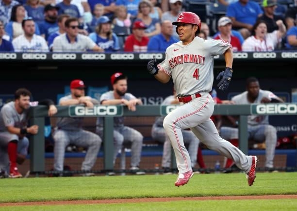Shogo Akiyama of the Cincinnati Reds sprints toward home plate on his way to scoring during the 3rd inning of the game against the Kansas City Royals...