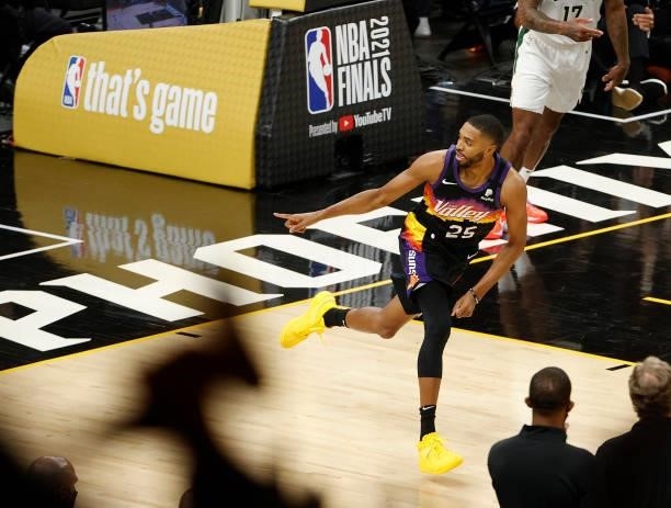 Mikal Bridges of the Phoenix Suns celebrates a basket against the Milwaukee Bucks during the first half in Game One of the NBA Finals at Phoenix Suns...