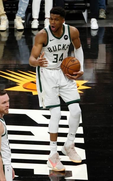 Giannis Antetokounmpo of the Milwaukee Bucks reacts against the Phoenix Suns during the first half in Game One of the NBA Finals at Phoenix Suns...
