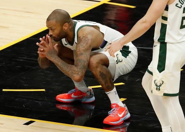 Tucker of the Milwaukee Bucks reacts after being called for a foul during the first half in Game One of the NBA Finals at Phoenix Suns Arena on July...
