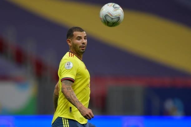 Edwin Cardona of Colombia looks at the ball during a semi-final match of Copa America Brazil 2021 between Argentina and Colombia at Mane Garrincha...