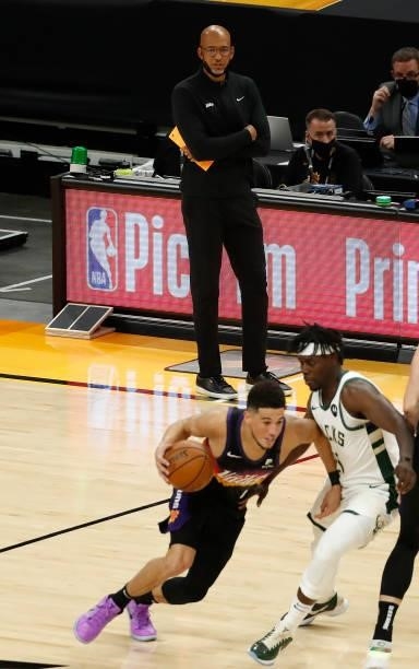 Head coach Monty Williams of the Phoenix Suns looks on against the Milwaukee Bucks during the first half in Game One of the NBA Finals at Phoenix...