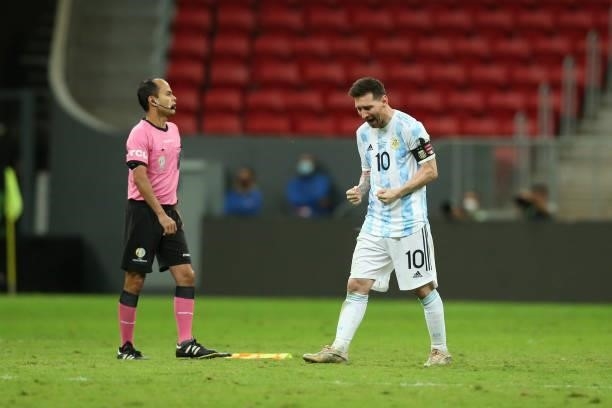Lionel Messi of Argentina celebrates after scoring his penalty kick during a shootout after a semi-final match of Copa America Brazil 2021 between...