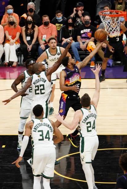 Cameron Payne of the Phoenix Suns goes up for a shot against the Milwaukee Bucks during the second half in Game One of the NBA Finals at Phoenix Suns...