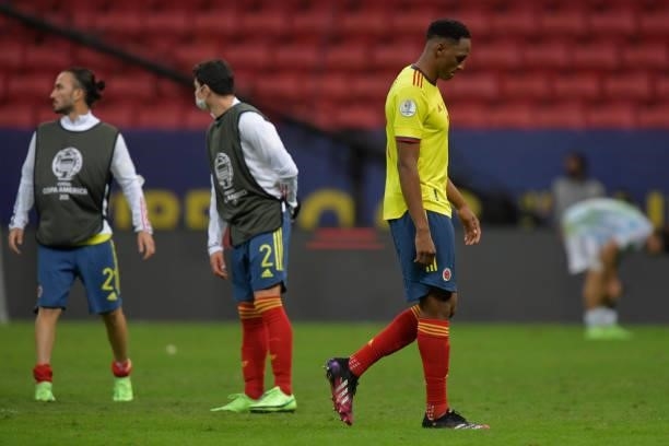 Yerry Mina of Colombia reacts after losing a penalty shootout after a semi-final match of Copa America Brazil 2021 between Argentina and Colombia at...