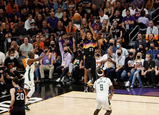 Cameron Johnson of the Phoenix Suns shoots against the Milwaukee Bucks during the first half in Game One of the NBA Finals at Phoenix Suns Arena on...