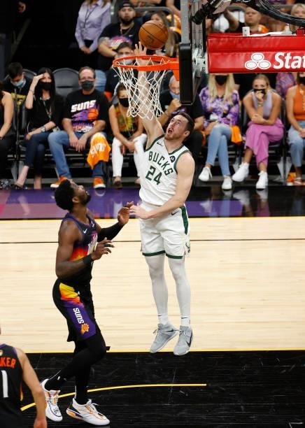 Pat Connaughton of the Milwaukee Bucks goes up for a shot against the Phoenix Suns during the first half in Game One of the NBA Finals at Phoenix...