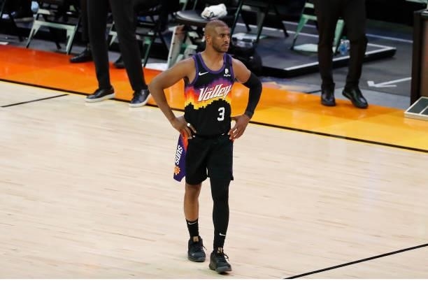 Chris Paul of the Phoenix Suns looks on against the Milwaukee Bucks during the second half in Game One of the NBA Finals at Phoenix Suns Arena on...