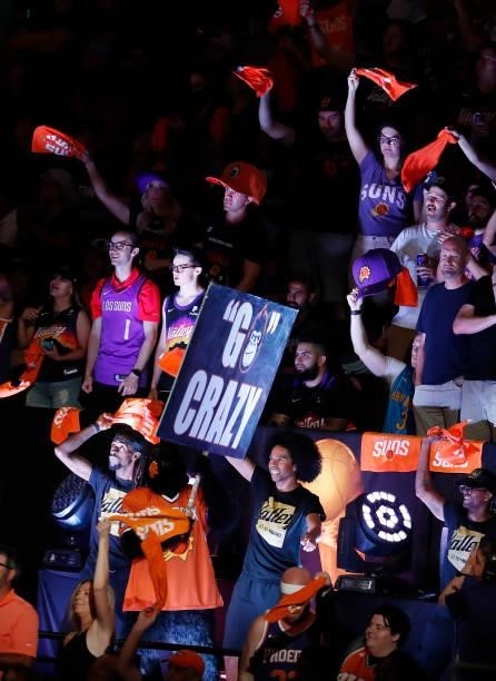 Phoenix Suns funs cheer during the second half in Game One of the NBA Finals against the Milwaukee Bucks at Phoenix Suns Arena on July 06, 2021 in...