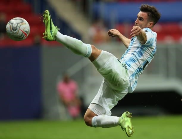 Nicolas Tagliafico of Argentina kicks the ball during a semi-final match of Copa America Brazil 2021 between Argentina and Colombia at Mane Garrincha...