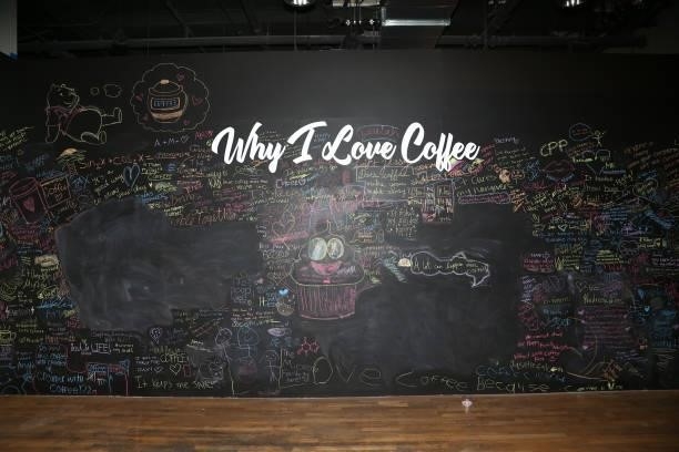 Why I Love Coffee" chalk board during the Z Star Digital Hosts Influencer Night at Coffee World on July 06, 2021 in Torrance, California.