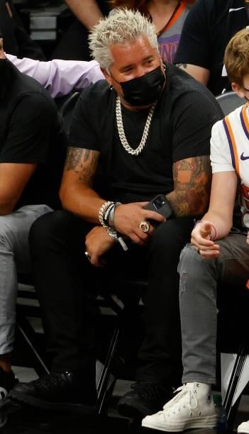 Guy Fieri looks on during the first half in Game One of the NBA Finals between the Milwaukee Bucks and the Phoenix Suns at Phoenix Suns Arena on July...